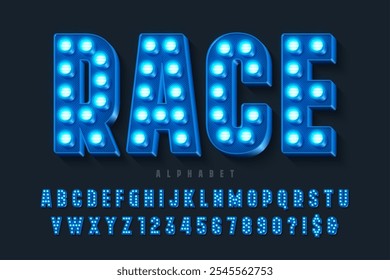 Led light 3d alphabet, retro-futuristic original type. Vector characters set