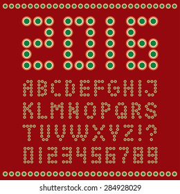 Led light alphabet. Dots letters on red back.