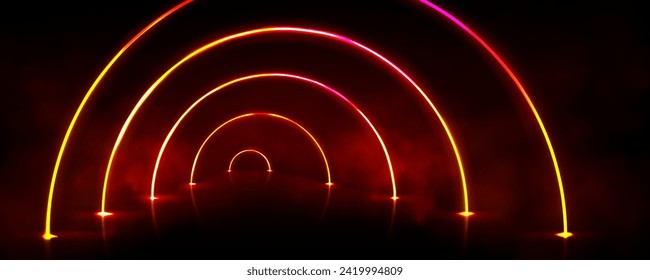 LED light arch portal on black background. Vector realistic illustration of red, orange and yellow neon arc lines glowing on dark stage with smoke, music show, fashion catwalk, nightclub design