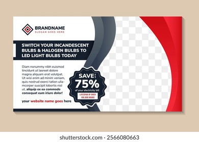 LED light bulb flyer on horizontal layout, Simple And Smart. treatment brochure banner design template. red and blue gradient color. white background with shape for photo space.