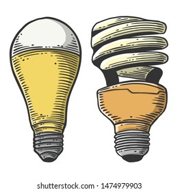 LED light bulb and mercury lamp. Vector concept in doodle and sketch style. Hand drawn illustration for printing on T-shirts, postcards. Icon and logo idea.