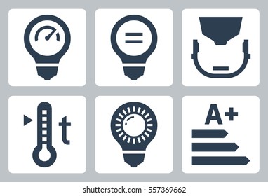 Led light bulb parameters icon set - power and its equivalent, type of cap, color temperature, luminosity and class