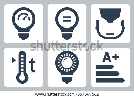 Led light bulb parameters icon set - power and its equivalent, type of cap, color temperature, luminosity and class