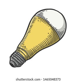 LED light bulb. Vector concept in doodle and sketch style. Hand drawn illustration for printing on T-shirts, postcards. Icon and logo idea.