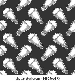 LED light bulb. Vector concept in doodle and sketch style. Hand drawn illustration for printing on T-shirts, postcards. Seamless pattern for textile, paper wrap. Texture background.