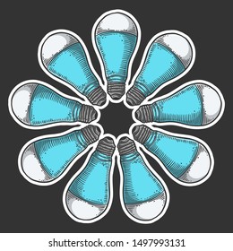 LED light bulb. Vector concept in doodle and sketch style. Hand drawn illustration for printing on T-shirts, postcards. Icon and logo idea.