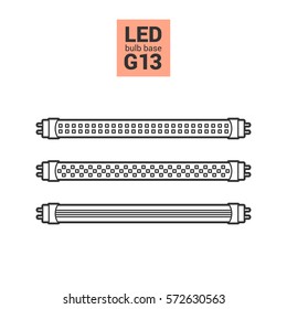 LED light bulbs with G13 base, vector outline icon set on white background
