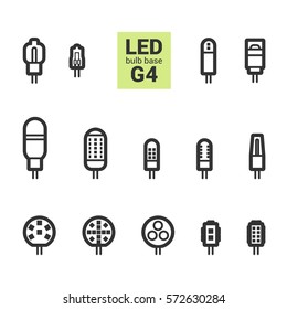 LED light bulbs with G4 base, vector outline icon set on white background