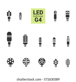 LED light bulbs with G4 base, vector silhouette icon set on white background