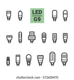 LED light bulbs with G9 base, vector outline icon set on white background