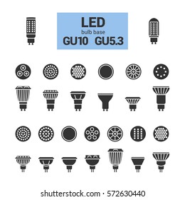 LED light bulbs with GU10 and GU5.3 base, vector silhouette icon set on white background