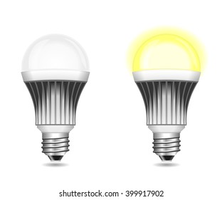LED light bulbs isolated on white. On and off models. All elements grouped and sorted in layers