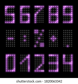 LED-Leuchtziffern mit violettem Neonglühen. Set von Leuchtzahlen mit realistischem Leuchtstoffstrahleffekt für die digitale Uhr oder Timer-Design. Einzeln auf schwarzem Hintergrund, Vektorgrafik