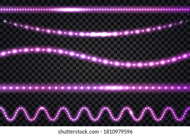 LED light garlands with neon glow effect, glitter light  Set of lines, illuminated strips and waves,  isolated tapes on transparent background. Vector illustration