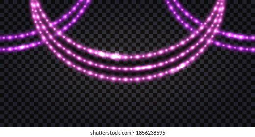 LED light garlands with neon glow effect, with glitte light  Christmas decoration, purple and pink illuminated strips on transparent background. Vector illustration