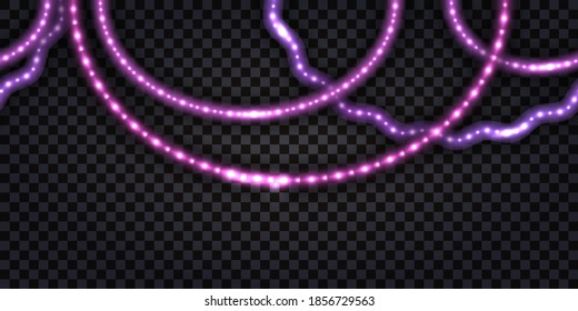 LED light garlands with neon glow effect, with glitte light  Christmas decoration, purple and pink illuminated strips on transparent background. Vector illustration