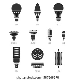 LED light lamp bulbs vector silhouette icon set on white background