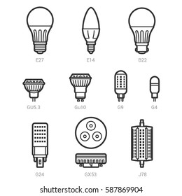 LED light lamp bulbs vector outline icon set on white background