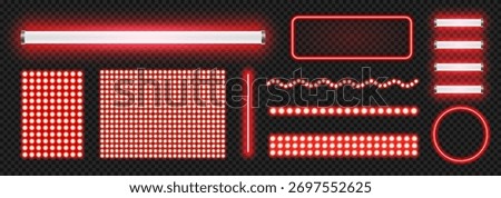 Led light lamp set, bright 3d long neon luminescence light lamp, fluorescent bars with glow effect, dot matrix panels and strip on transparent background, red led light ribbons collection