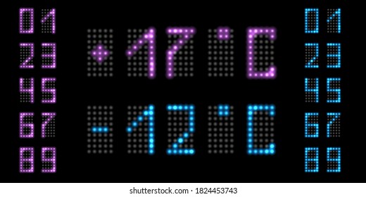 LED light numbers with neon glow. Digital temperature panel with fluorescent purple and blue numbers. Vector illustration