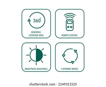 led light packaging icon set plug and play, generous coverage area, remote control, brightness adjustable, 8 dynamic modes icon set vector illustration 