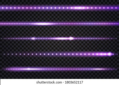 Lámpara de líneas violetas con efecto neón realista.  Tiras de colores iluminadas con bengalas aisladas sobre un fondo transparente. Ilustración vectorial.