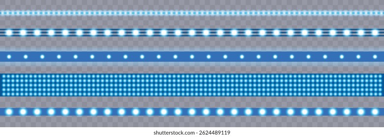 Led light strip set, neon blue light ribbons on transparent background. Realistic neon light bulb, vector illustration. Glowing tape with diode bulb on transparent bg, vector illustration