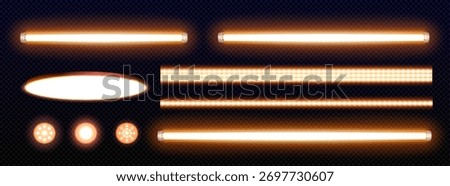 LED light strips and lamps set isolated on transparent background. Vector realistic illustration of warm yellow color spot and tube lights for interior illumination and decoration, glowing party decor