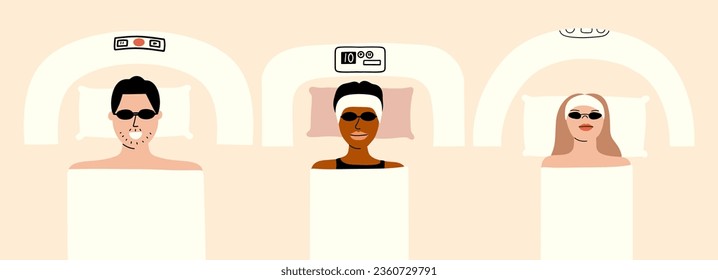 LED Light Therapy Facial with people set. Vector illustration