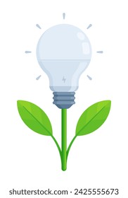 Una bombilla led con vástago y hojas en estilo de ilustración vectorial plana, que representa los conceptos de tecnología verde, conciencia ambiental, energía renovable y desarrollo sostenible.