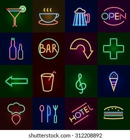 Led lights icons set with dot neon signs isolated vector illustration