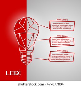 LED low poly infographics with lamp and space for text. Abstract polygonal mesh style light bulb with the division on a red and white background.