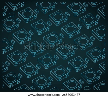 LED matrix RGB LED chips on a rigid PCB close up isometric blueprint stylized vector illustration