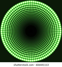 LED mirror abstract round background. Green blazing lights fading to the center. Vector illustration.