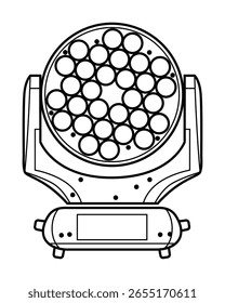 Luz de lavado de cabeza móvil led: ilustración de arte de línea Dibujo de línea en blanco y negro limpio de una luz de lavado led profesional con múltiples lentes. Ideal para diseños de iluminación de escenarios, manuales técnicos