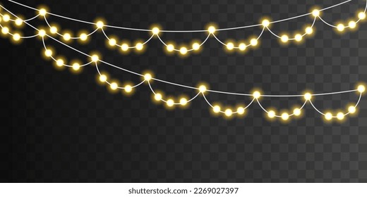 Led neon lamp. Light bulbs isolated on transparent background. Glowing lights for Christmas holiday cards design. New Year party decoration. Set of golden Xmas glowing garland. Vector illustration.