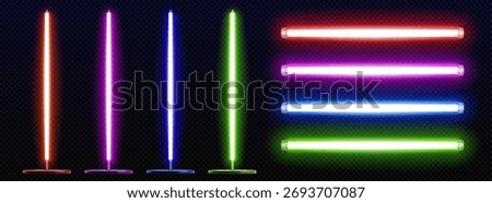 Led neon light strip collection in red, purple, blue and green colors on transparent background. Glowing tube lamps with vertical bars and horizontal fluorescent bulbs - bright illumination design.