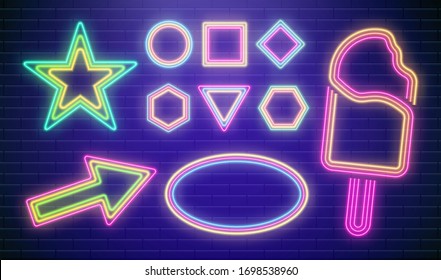 Led neon star vector. Colorful disco party sign. Arrow casino frame. Night pointer for bar in blue colors. Retro style background art. Neon icecream with neon arrow big set.