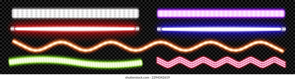 Led neon tube lamp vector glow line party wave stripe in blue, pink, green and orange. Isolated 3d realistic bulb string for wall decoration on Christmas collection. Bright ultraviolet electric pack