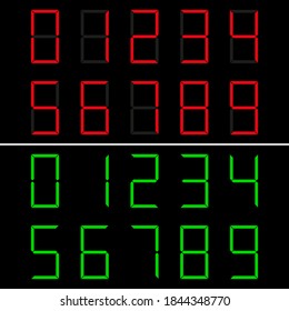 LED numbers font 0-9. Red and green. Vector illustration. Digits electronic dial numerals.