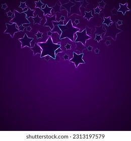 Led photic neon stars vector poster background. Pink blue purple teal neon stars with led light effect. Music banner backdrop. Transparent stars with double outline.