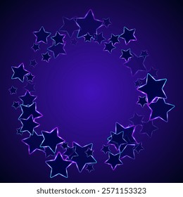 Led photic neon stars vector poster background. Pink blue purple teal neon stars with led light effect. Music banner backdrop. Transparent stars with double outline.