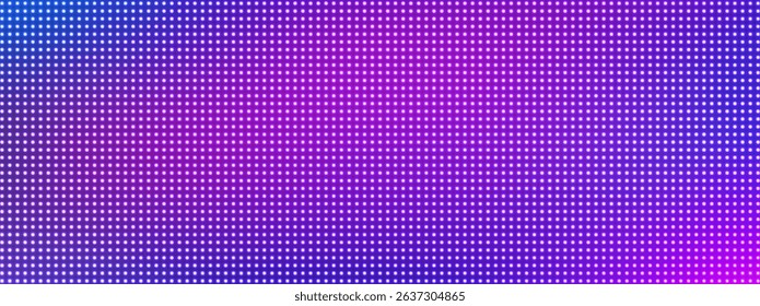 Led pixel screen display with bright blue and purple dots forming digital wall background. Futuristic technology pattern for video walls, presentations or electronic advertising. Tv display panel