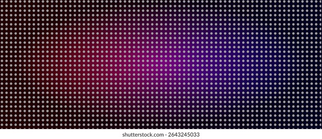 Led pixel screen display with bright blue and purple dots forming digital wall background. Futuristic technology pattern for video walls, presentations or electronic advertising. modern art