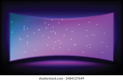 Pantalla de proyección led. Panel de luz del escenario del espectáculo de la TV LCD. Monitor digital cóncavo con patrón de bombilla brillante. Expositor de cine y entretenimiento. Vector ilustración vívida.