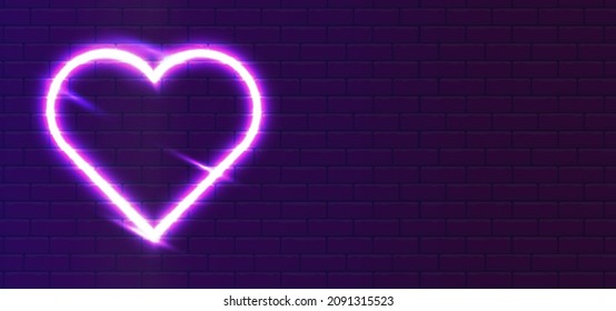 LED rojo-violeta súper brillante tipo de icono neón amor corazón. Día del neón valentino realista. Corazón en la pared. En el fondo de la pared.