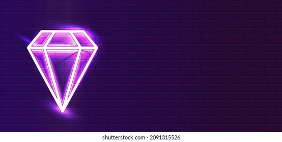 LED red-violet super glowing neon diamond, crystal, stone and precious item icon type. Realistic neon valentine's day. In the diamond on the wall. Wall Background.