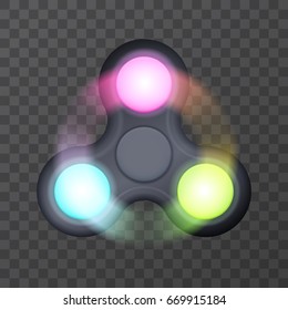 Led RGB lightning fidget spinner, hand gadget with colored sides spinning round glowing light effect. Metallic finger toy for relaxation, meditation, entertainment. Vector illustration. EPS 10