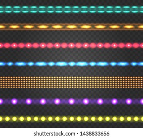 Led ribbons. Color lights into strips, color led lamps ribbon set vector illustration, colorful decoration lighting diode bulbs stripe textures