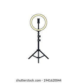 Led ring lamp on tripod with smartphone. Contour isolated vector image on white background.